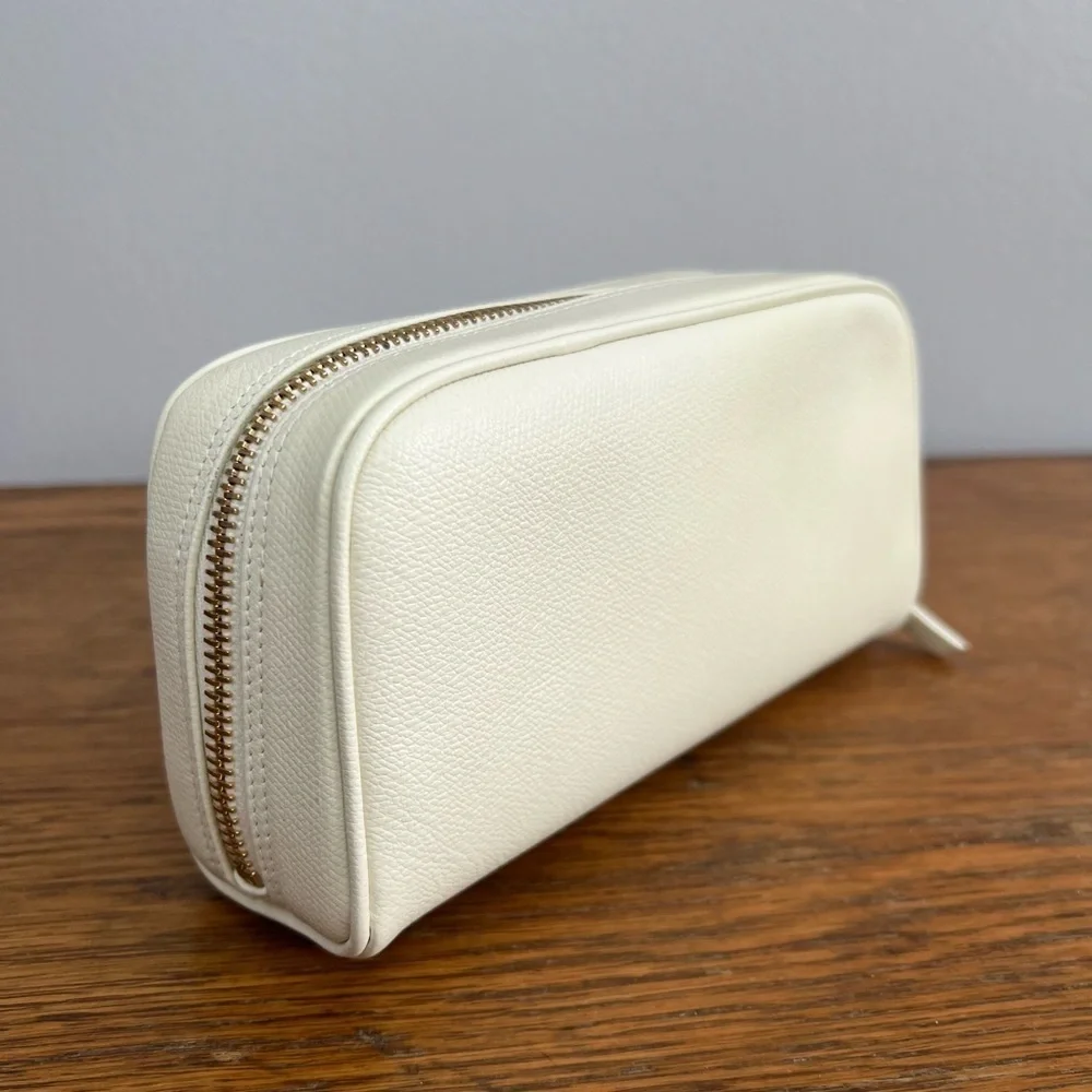 CHANEL Pouch Cosmetic Bag Purse Coco Button Leather Ivory Authentic.